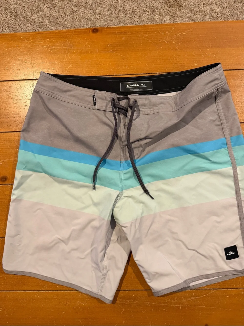O'Neill Men's Gray Board Shorts with Aqua and Mint Chevron Stripes
